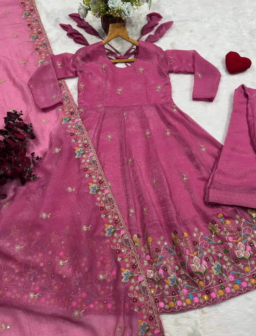 Pink Sequins Thread Embroidered Suit KU255 flat lay dupatta dori back detail