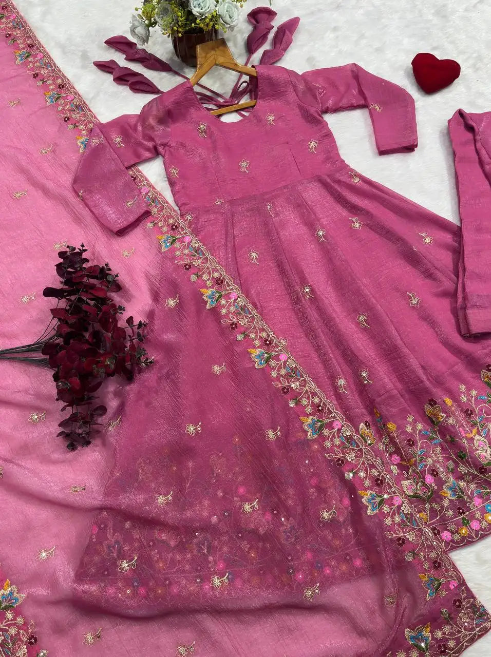 Pink Embroidered A-Line Suit Kalyanja KU255 flat lay complete set angled