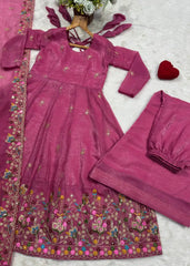 Pink Sequins Thread Suit KU255 flat lay with embroidered dupatta border