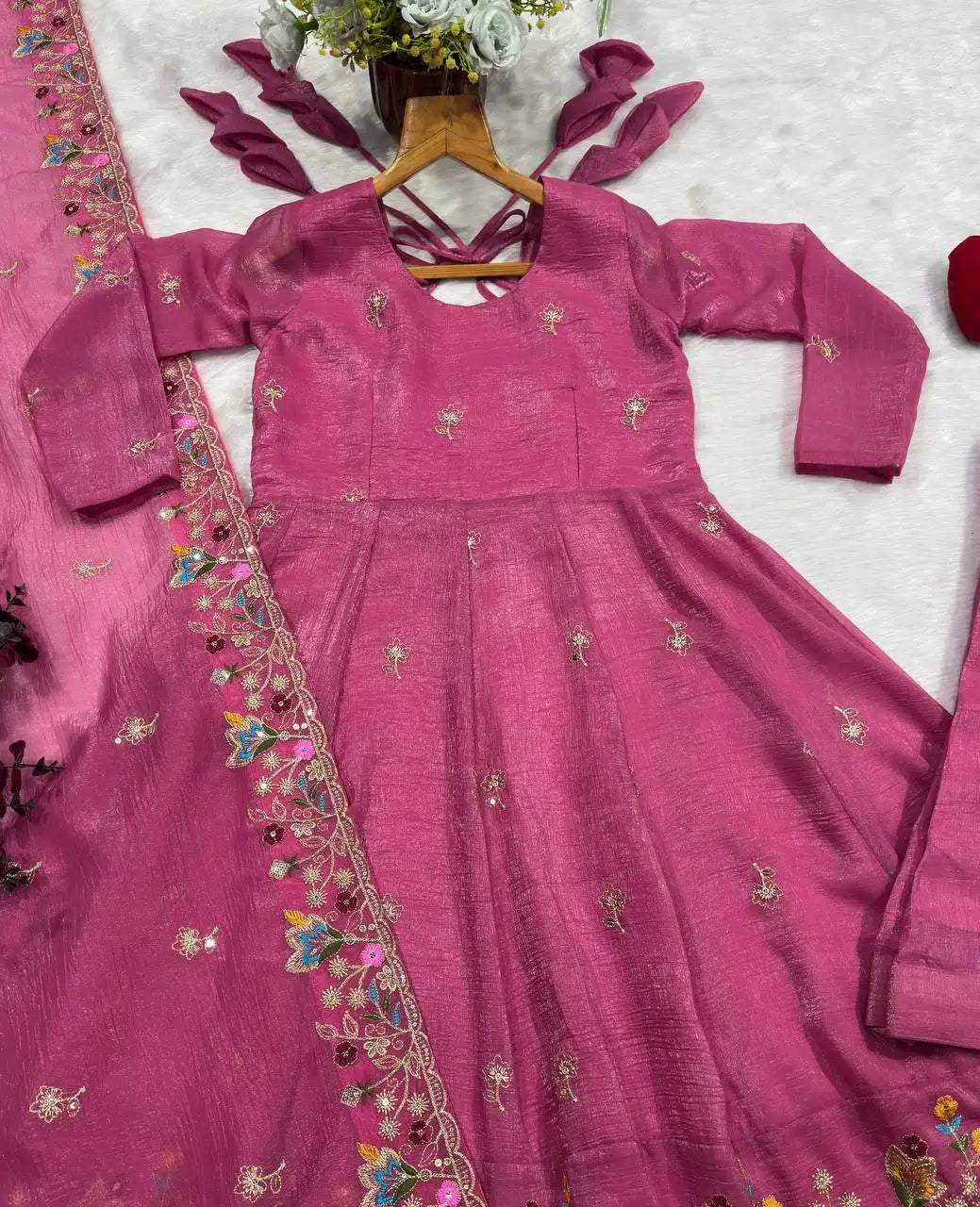 Pink Sequins Thread Embroidered Suit Pant Dupatta KU255 flat lay complete set