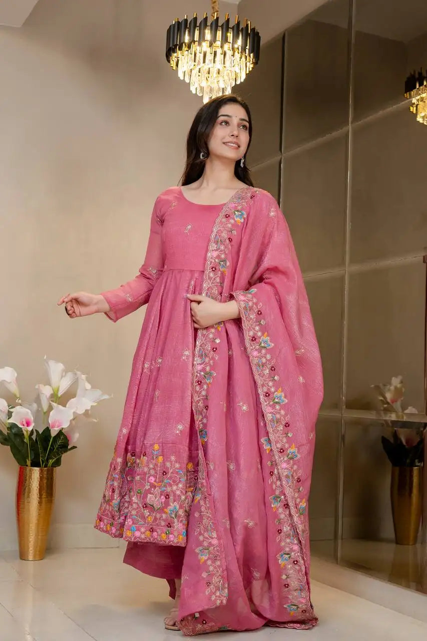 Pink Sequins Thread Embroidered Suit Kalyanja KU255 model looking up with dupatta