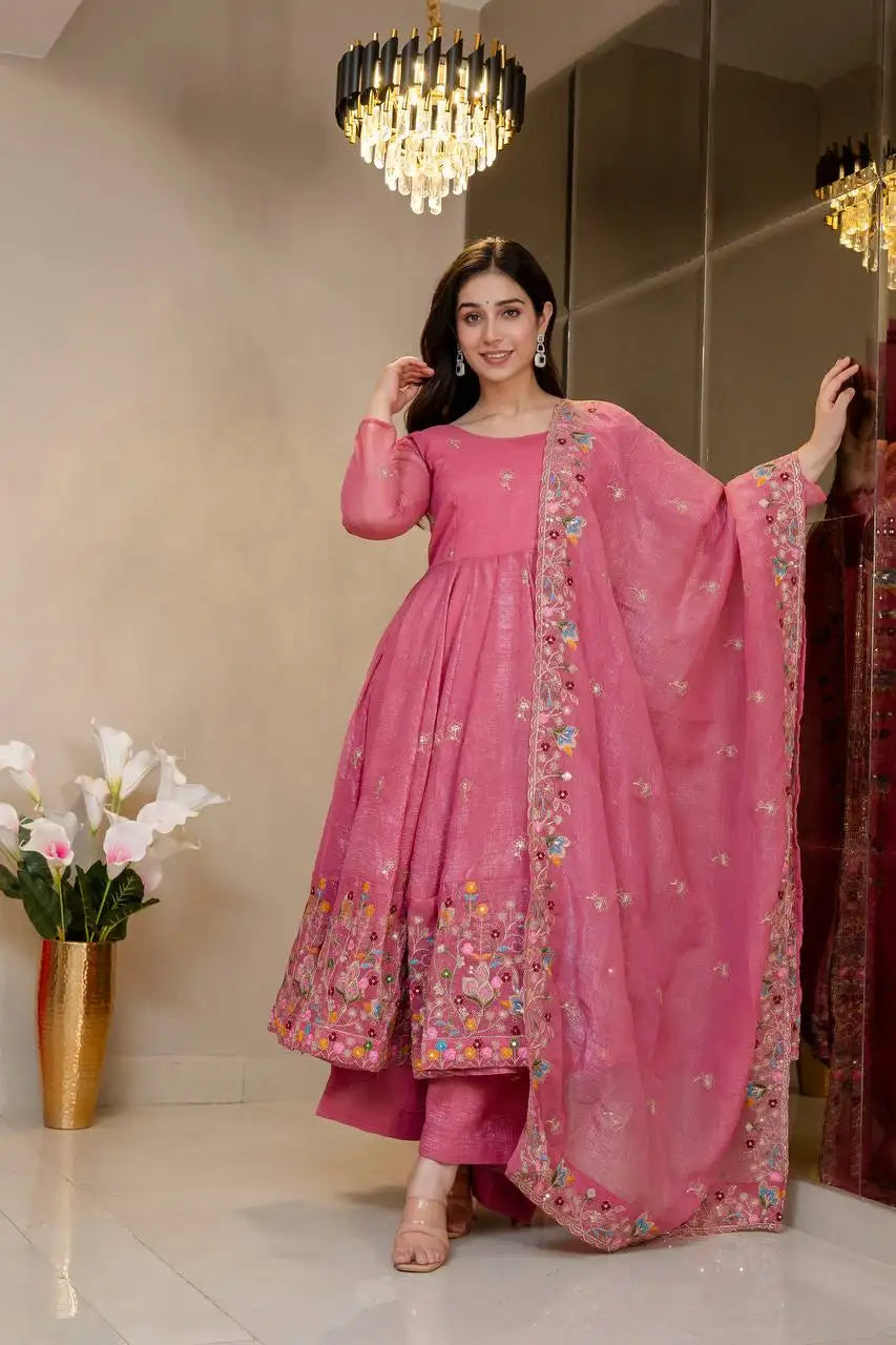 Pink Soft Crunchy Silk Suit KU255 front model shot mirror background