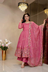 Pink Soft Crunchy Silk Suit KU255 front model shot mirror background