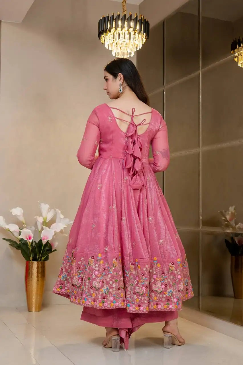Pink Sequins Embroidered Suit KU255 model posed straight pant visible