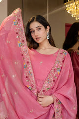 Pink Soft Crunchy Silk Suit KU255 hem floral embroidery close-up multi-colour