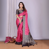 Pink, Black Zari Weaving Satin Silk Saree