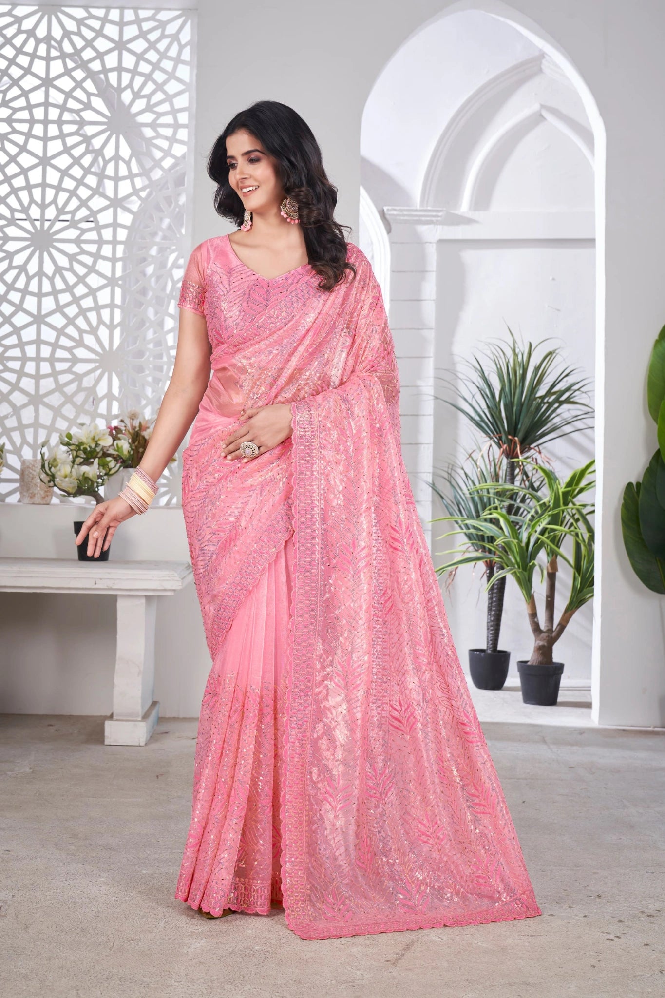 Pink Thread Embroidered Saree | Tissue Net | KS389 | Kalyanja