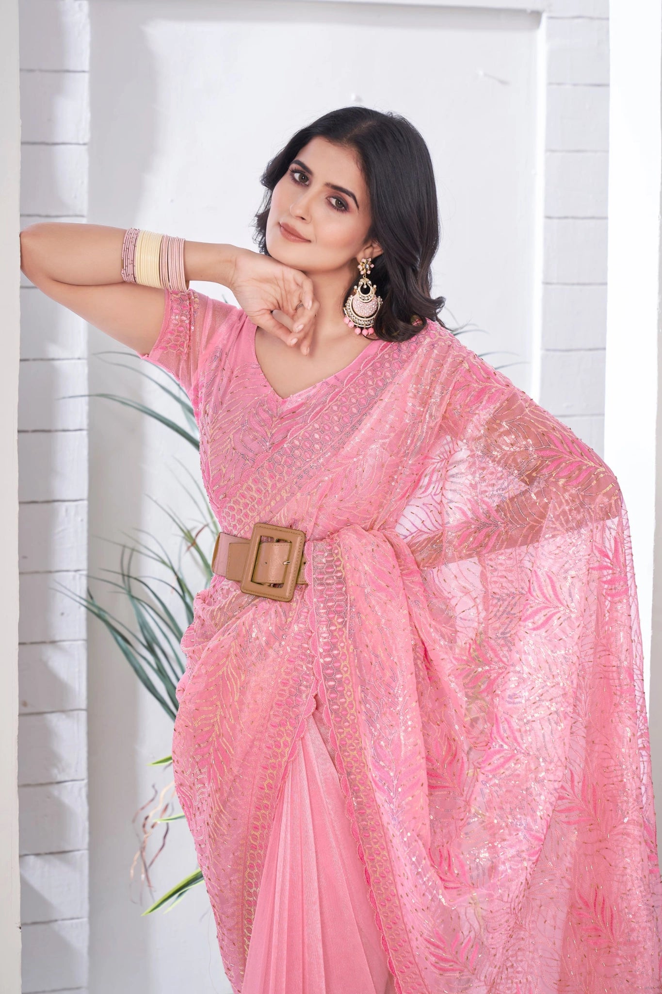 Pink Thread Embroidered Saree Side View | Tissue Net | KS389 | Kalyanja