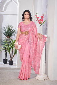 Pink Thread Embroidered Saree – Tissue Net, Party Wear