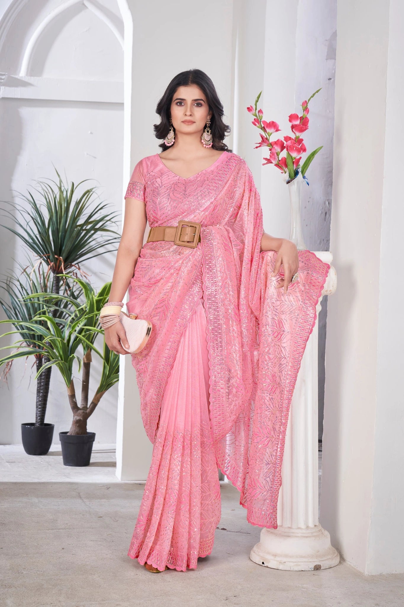 Pink Thread Embroidered Saree Party Wear | Tissue Net | KS389 | Kalyanja