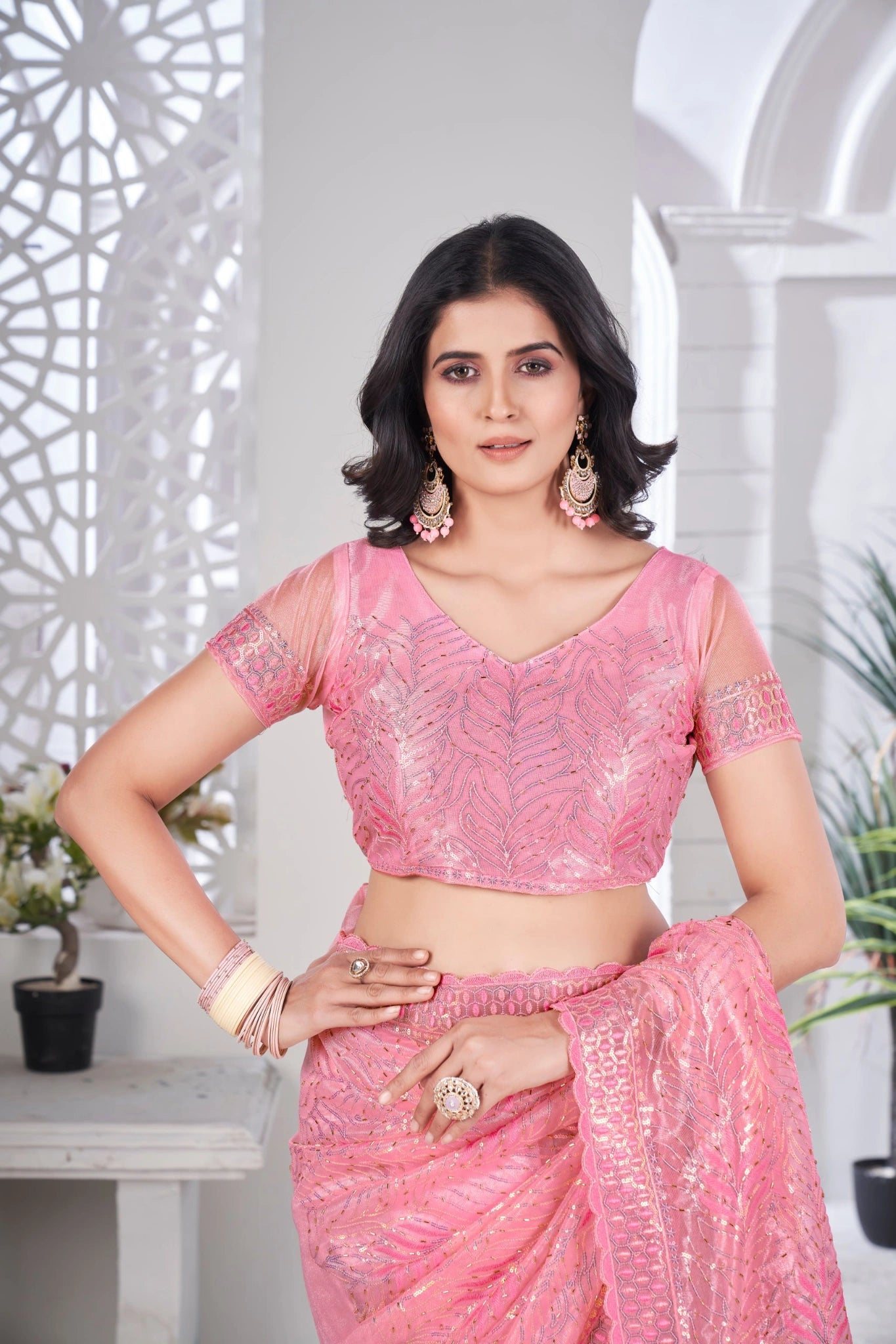 Pink Thread Embroidered Saree Festive | Tissue Net | KS389 | Kalyanja
