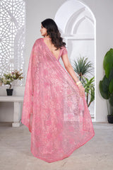 Pink Thread Embroidered Saree Back View | Tissue Net | KS389 | Kalyanja