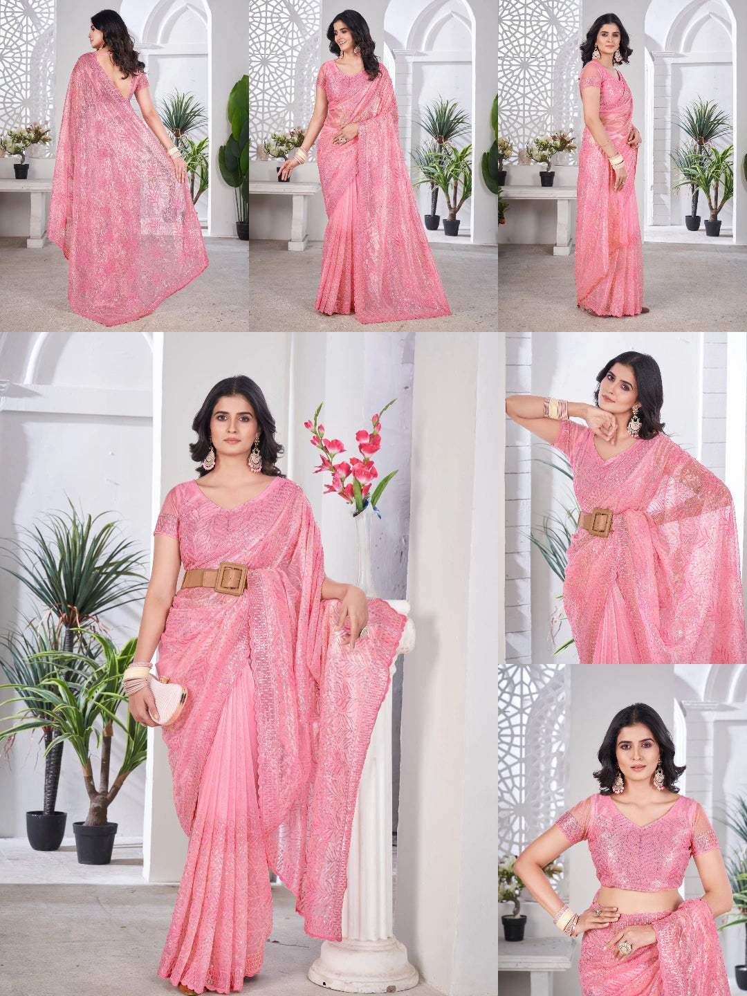 Pink Thread Embroidered Saree Collage | Tissue Net | KS389 | Kalyanja