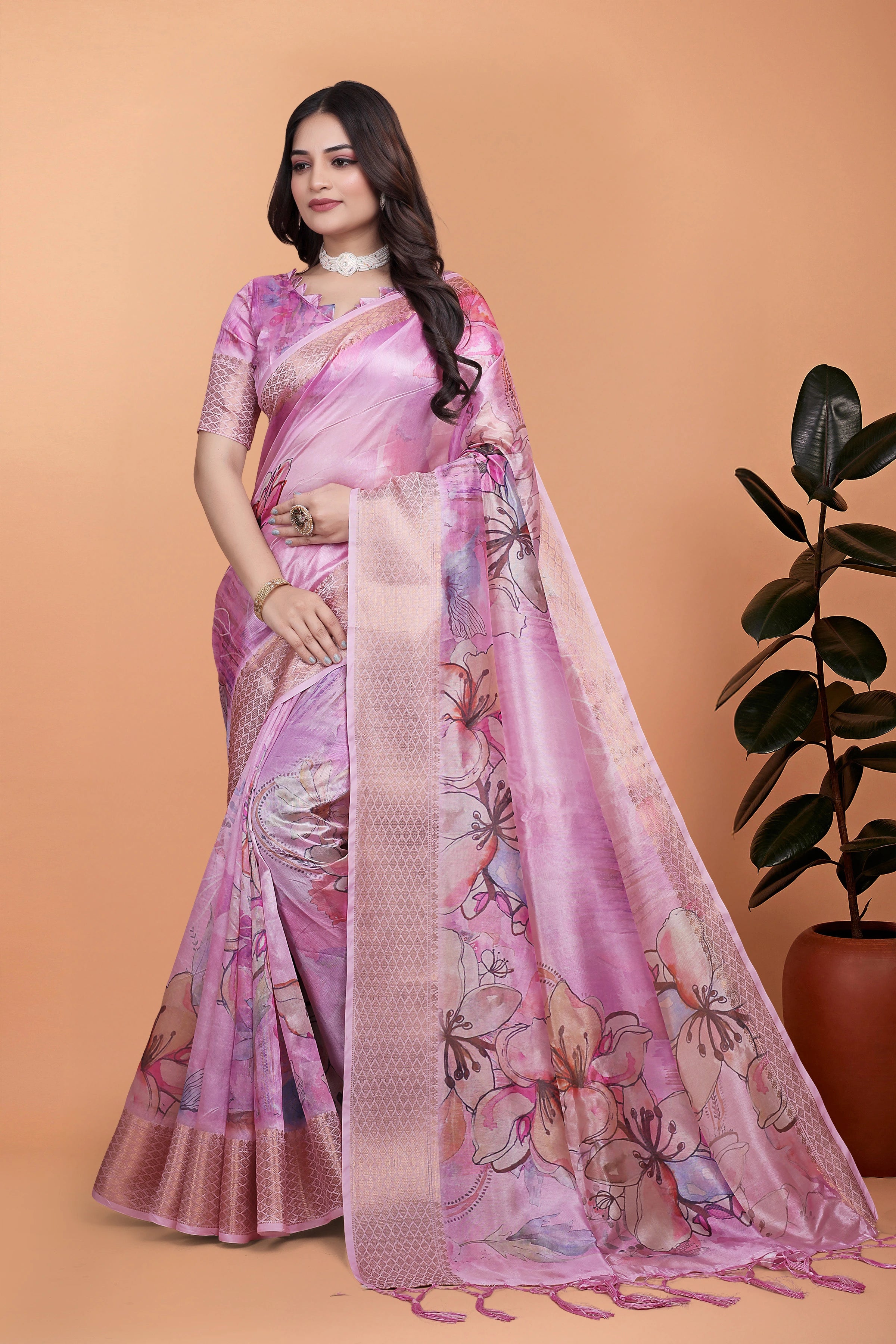 Pink Zari Weaving Premium Crystal Saree Hero Front View | Kalyanja KS369