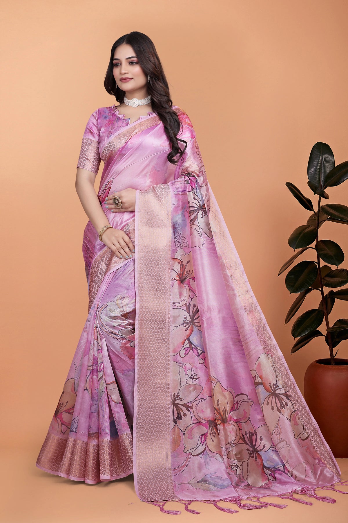 Pink Zari Weaving Premium Crystal Saree Hero Front View | Kalyanja KS369