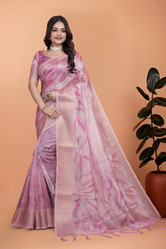 Pink Zari Weaving Saree Front Drape View Kalyanja KS383