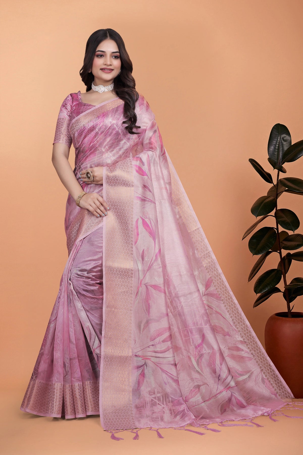 Pink Zari Weaving Saree Front Drape View Kalyanja KS383