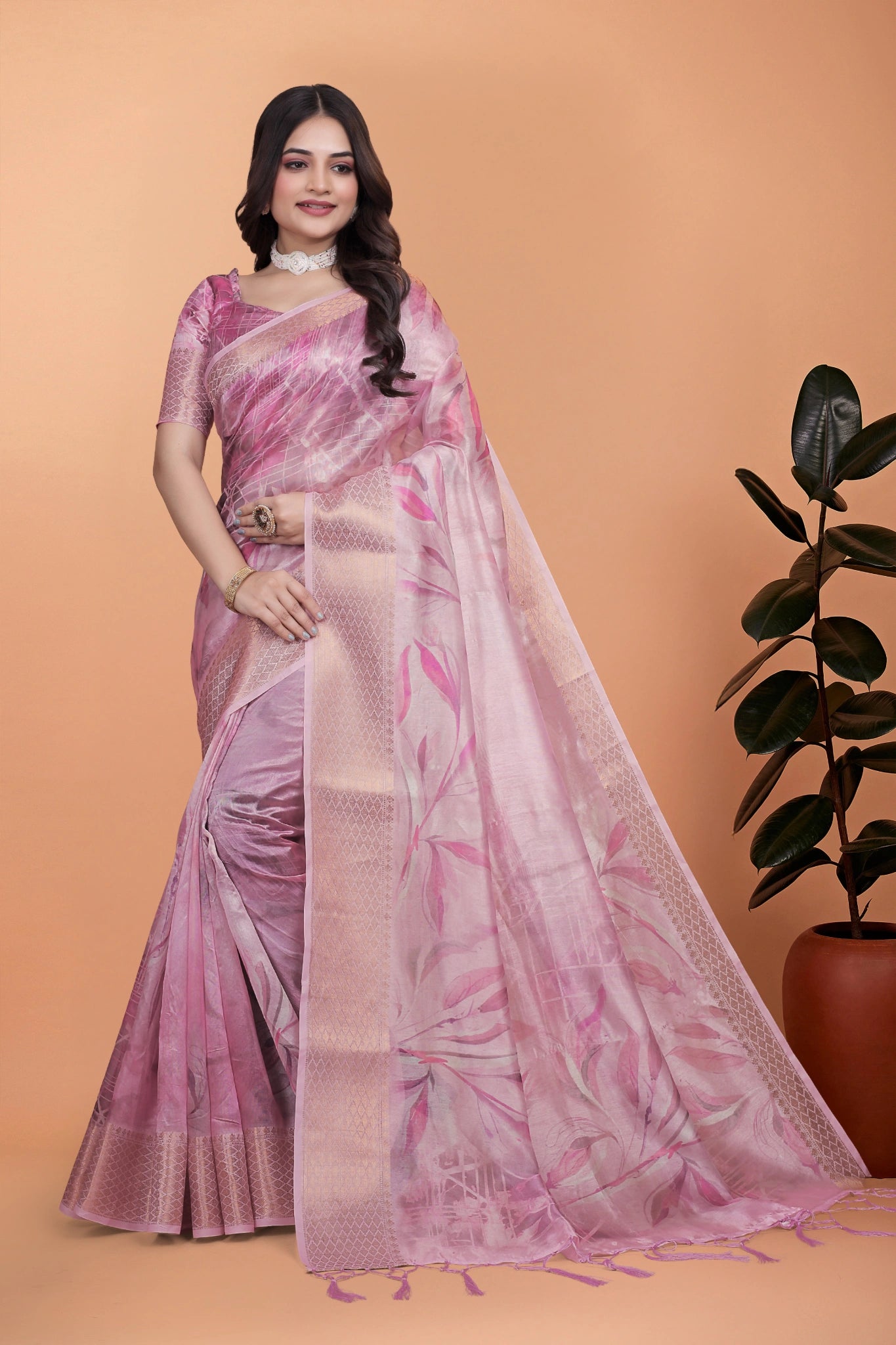 Pink Zari Weaving Saree Front Drape View Kalyanja KS383