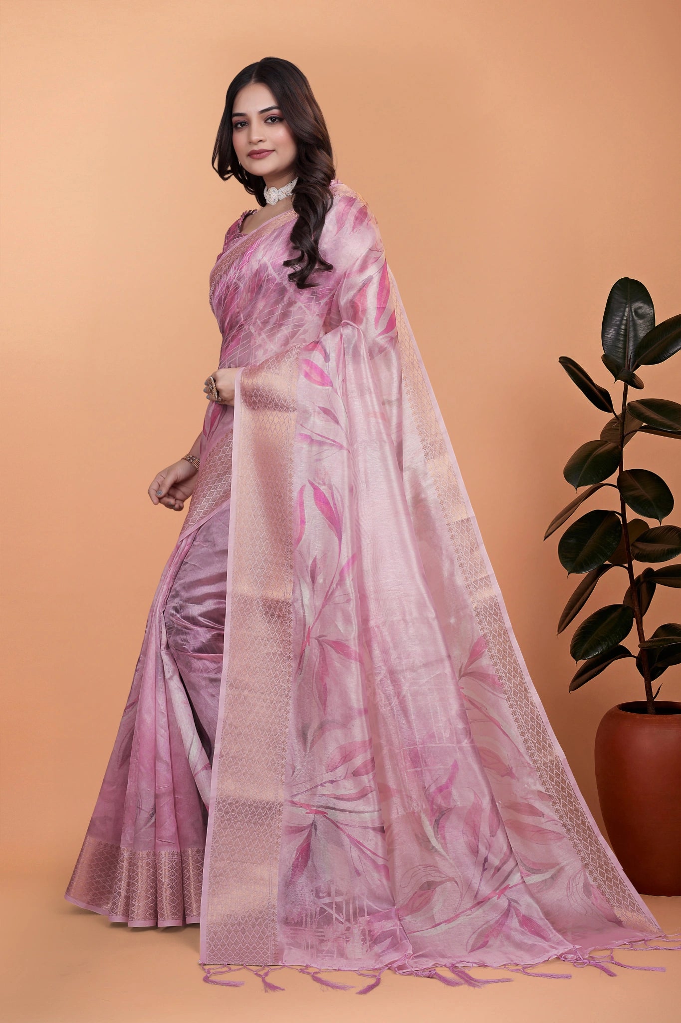 Pink Crystal Saree Full Front with Gold Zari Border Kalyanja KS383