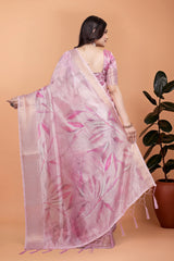 Pink Zari Weaving Saree Back View with Leaf Print Pallu Kalyanja KS383