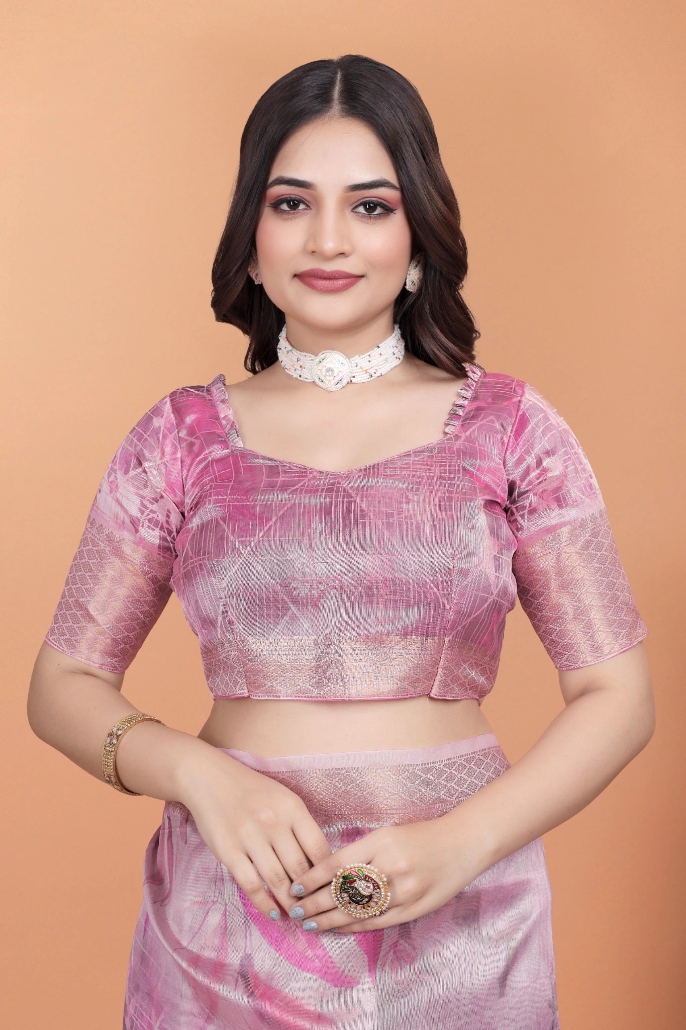 Pink Crystal Saree Blouse Detail Kalyanja KS383