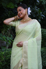 Pista Floral Embroidery Maheshwari Tissue Silk Saree - Elegant Traditional Women's Wear