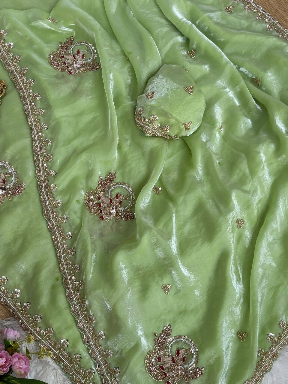 Pista Green Beads Cutdana Work Saree Fendy Satin KS412 – view 1