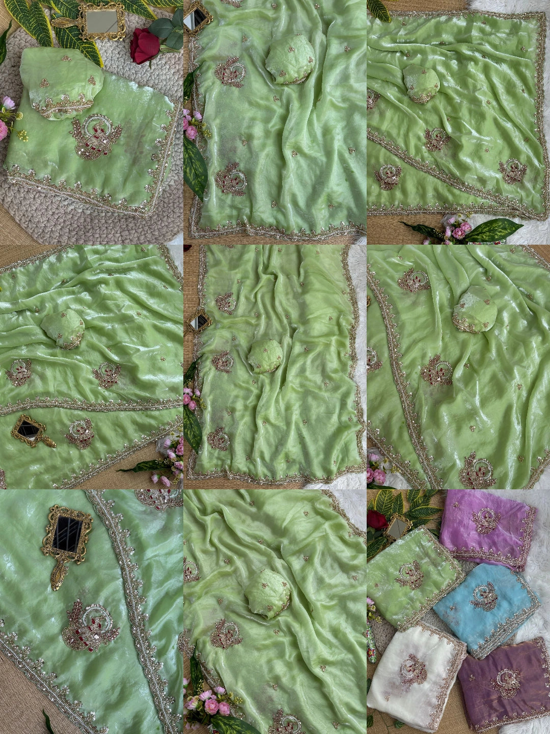Pista Green Beads Cutdana Work Saree Fendy Satin KS412 – all views