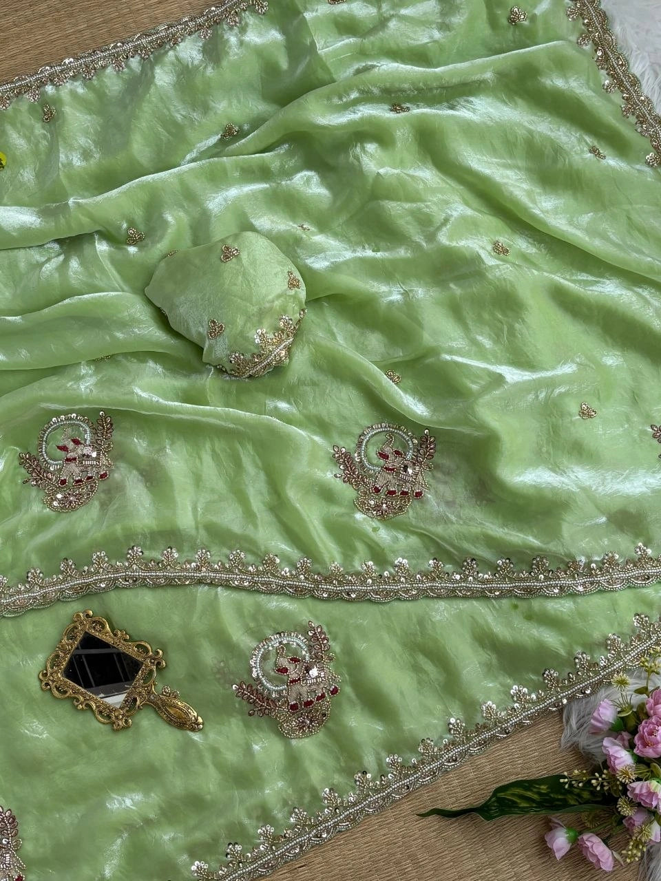 Pista Green Beads Cutdana Work Saree Fendy Satin KS412 – view 2