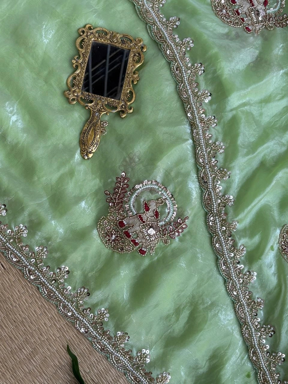 Pista Green Beads Cutdana Work Saree Fendy Satin KS412 – view 3
