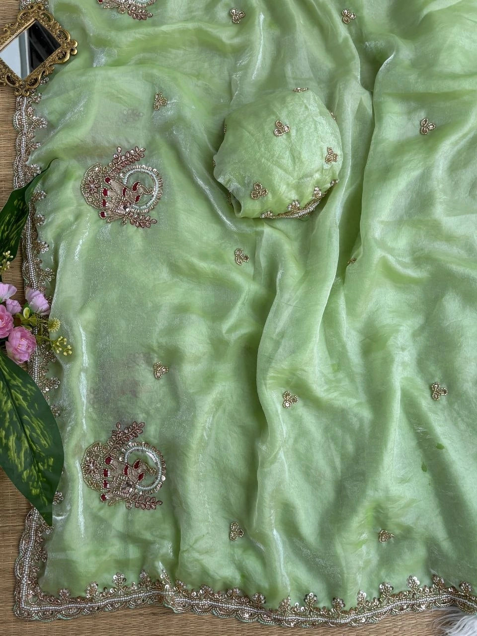 Pista Green Beads Cutdana Work Saree Fendy Satin KS412 – view 4