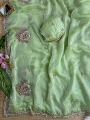 Pista Green Beads Cutdana Work Saree Fendy Satin KS412 – view 4