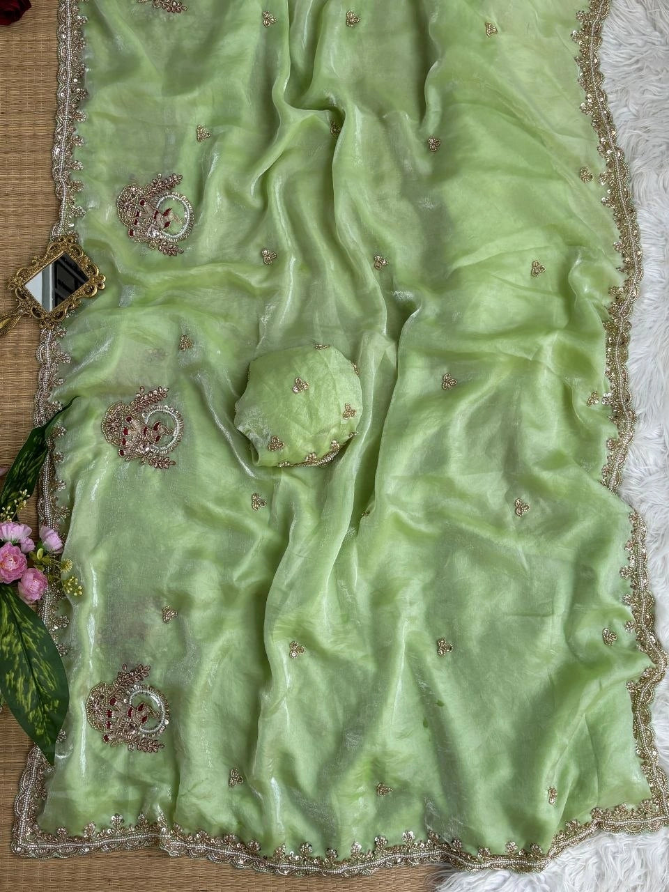 Pista Green Beads Cutdana Work Saree Fendy Satin KS412 – view 5