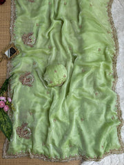 Pista Green Beads Cutdana Work Saree Fendy Satin KS412 – view 5