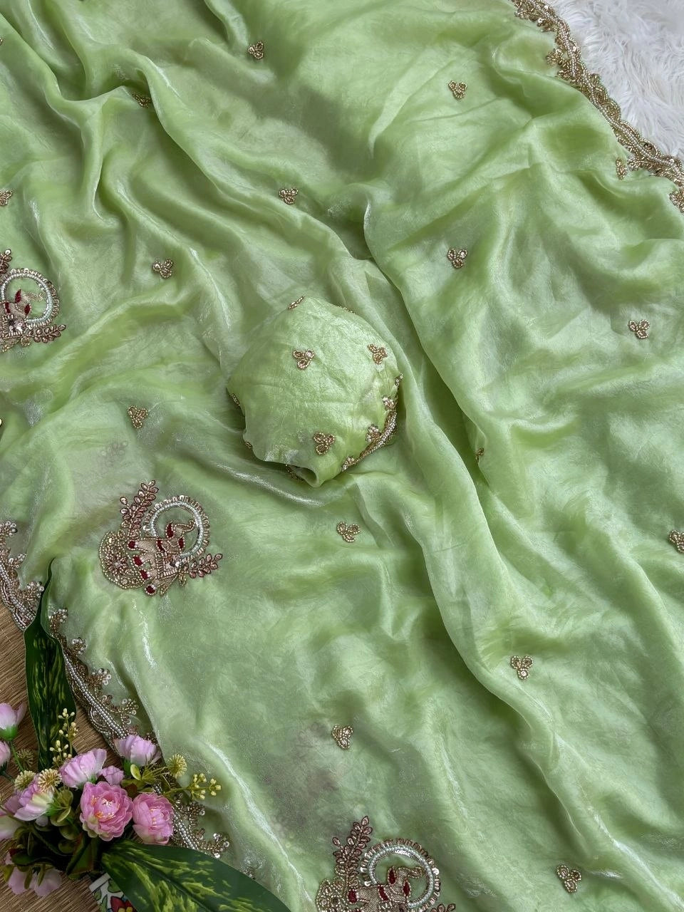 Pista Green Beads Cutdana Work Saree Fendy Satin KS412 – view 6