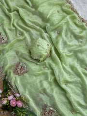Pista Green Beads Cutdana Work Saree Fendy Satin KS412 – view 6