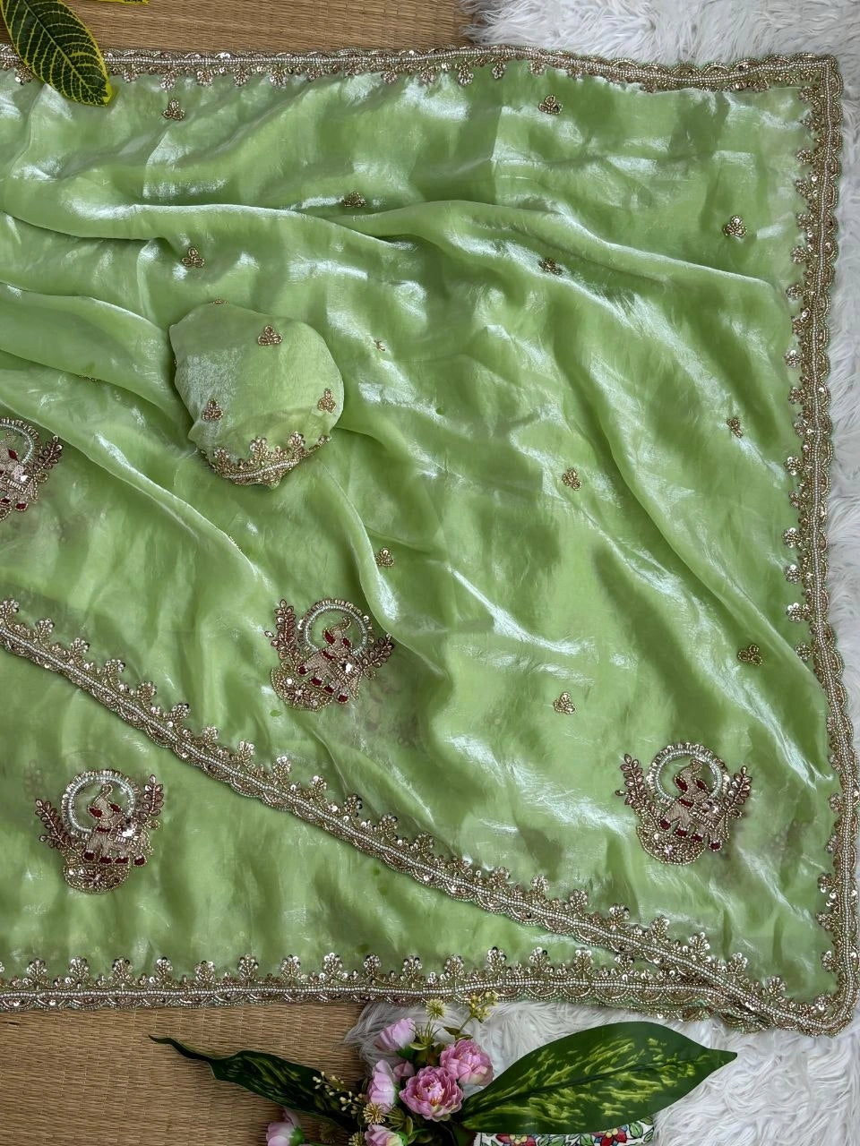 Pista Green Beads Cutdana Work Saree Fendy Satin KS412 – view 7
