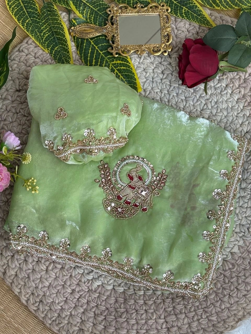 Pista Green Beads Cutdana Work Saree Fendy Satin KS412 – view 8