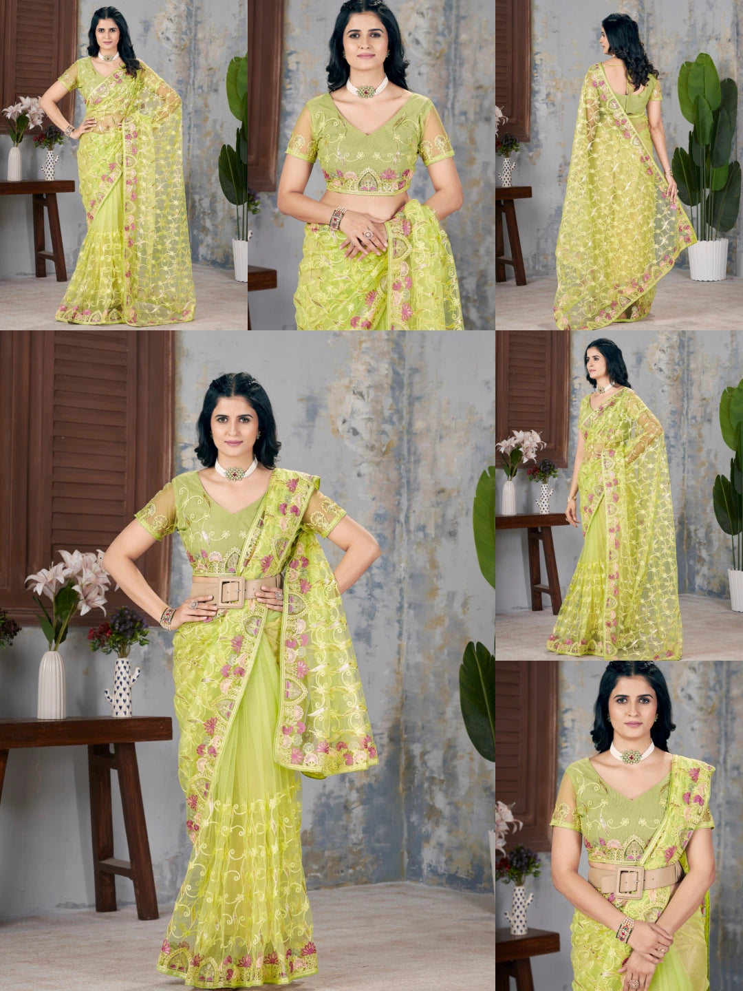 Pista Green Multi Thread Embroidered Saree collage – KS375 Kalyanja
