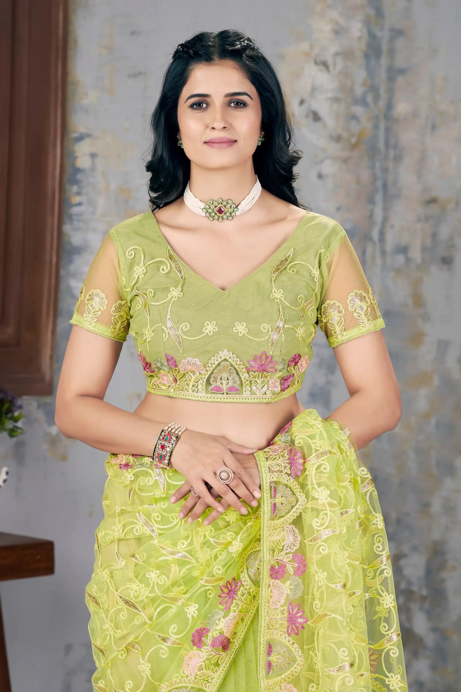 Pista Green Multi Thread Embroidered Saree portrait – KS375
