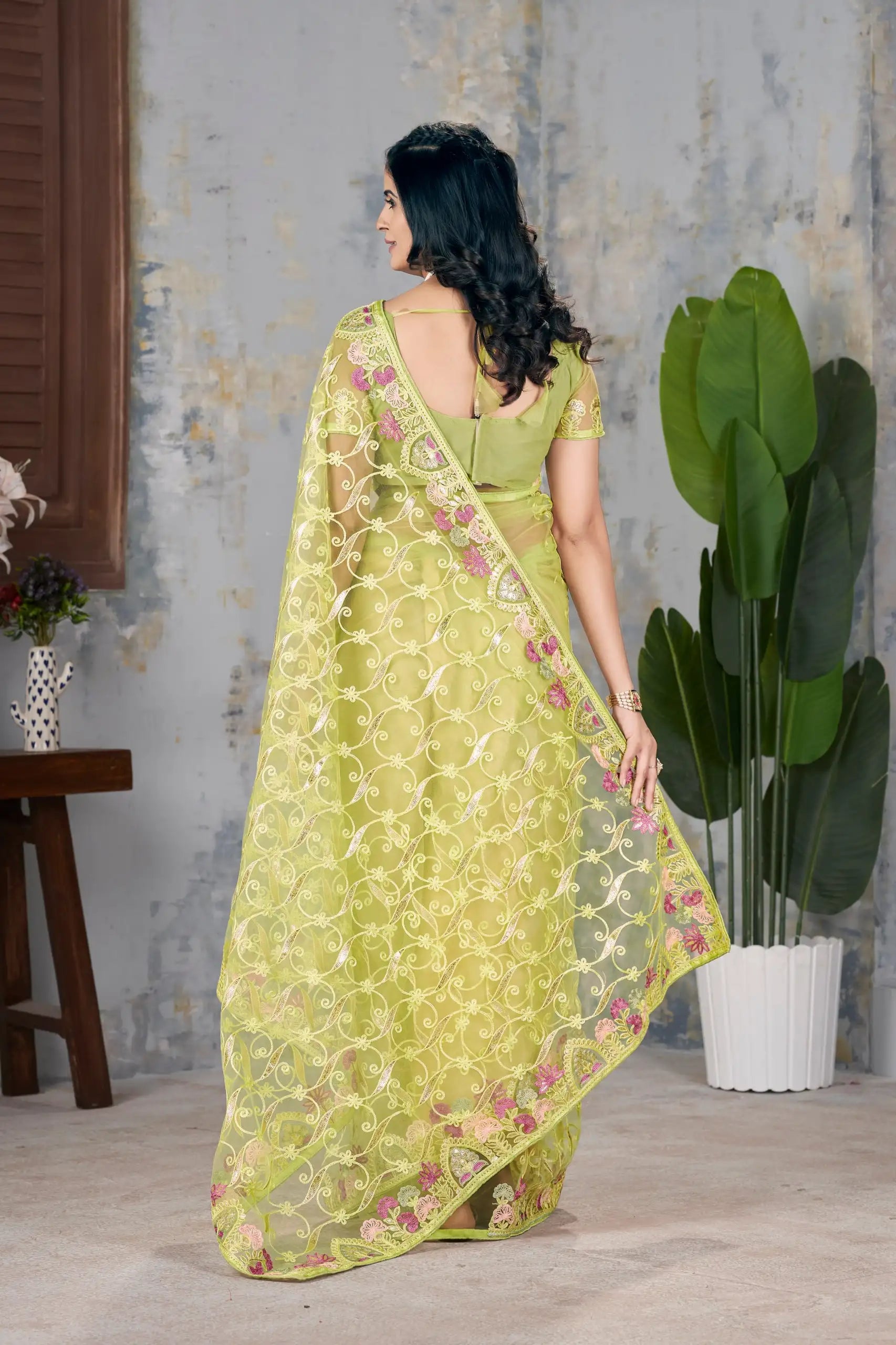 Pista Green Saree draping close-up – KS375