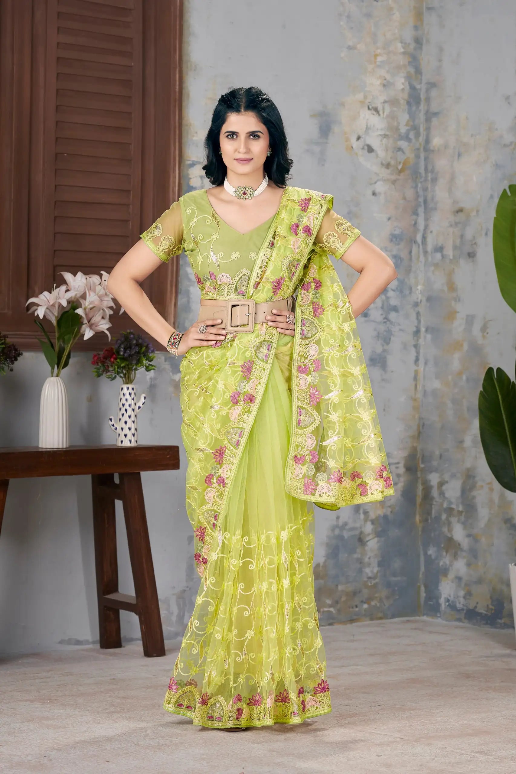 Pista Green Embroidered Saree blouse detail – KS375