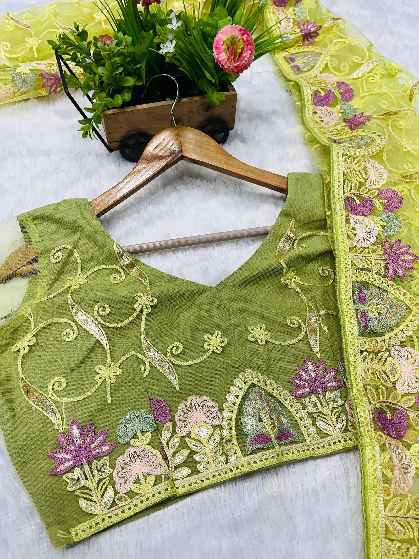 Pista Green Saree flat lay full spread – KS375