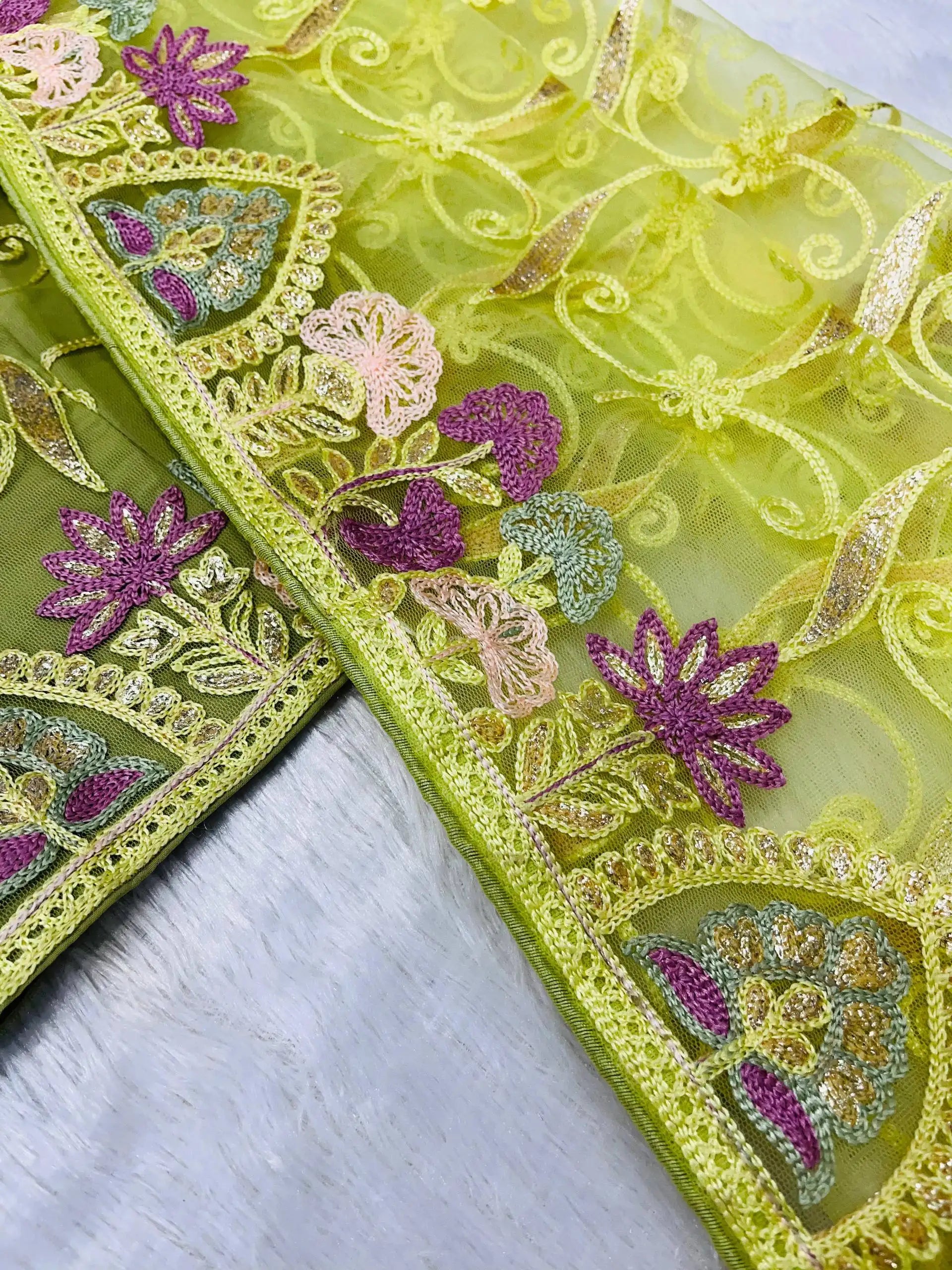 Pista Green Butterfly Net Saree embroidery flat lay – KS375