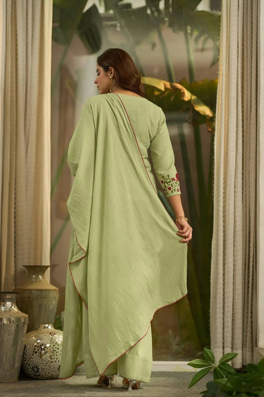 Pista Green Embroidered Suit back view Farshi Shalwar and dupatta – Kalyanja KU281