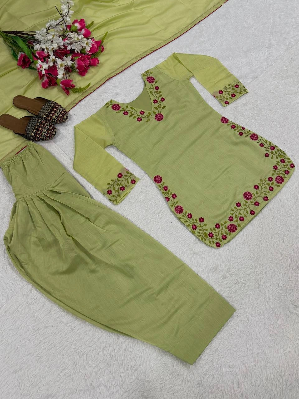 Pista Green Embroidered Suit flat lay complete set Farshi Shalwar dupatta – Kalyanja KU281