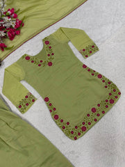 Pista Green Mul Chanderi Cotton Suit flat lay suit top embroidery detail – Kalyanja KU281