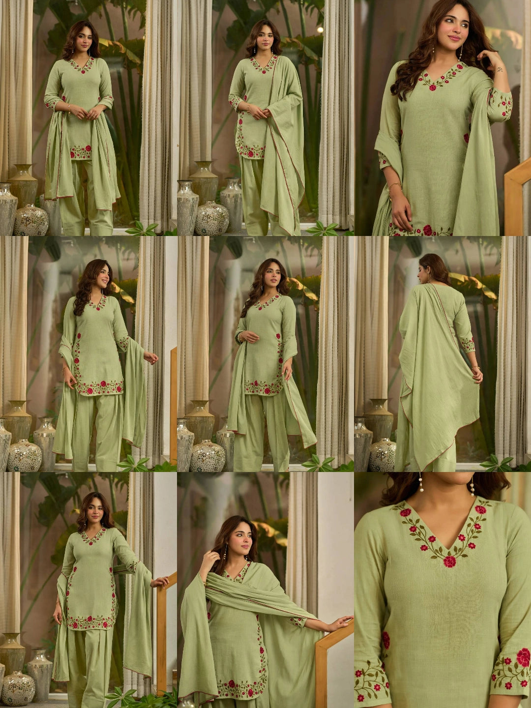 Pista Green Embroidered Farshi Shalwar Suit multiple poses collage – Kalyanja KU281