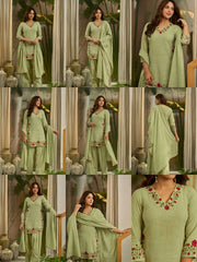 Pista Green Embroidered Farshi Shalwar Suit multiple poses collage – Kalyanja KU281