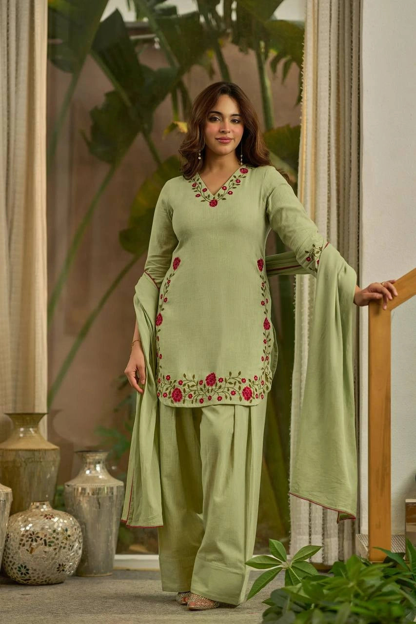 Pista Green Embroidered Suit full length front pose Farshi Shalwar clean composition – Kalyanja KU281
